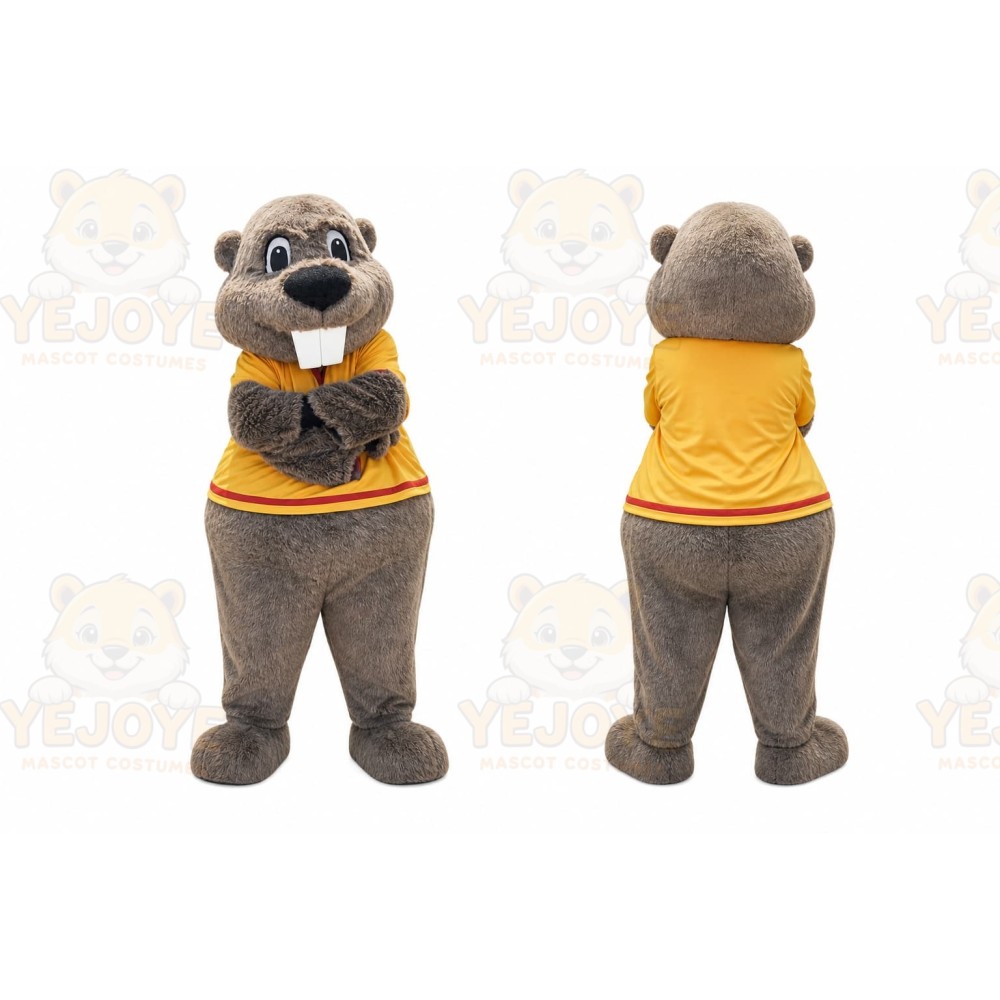 Gray Beaver Mascot Costume with Custom Logo