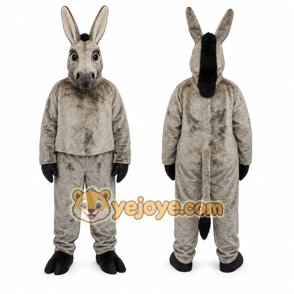 Gray Donkey Mascot Costume with Custom Logo