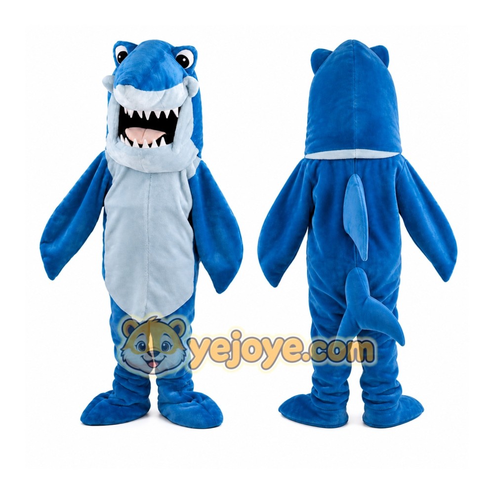 Blue Shark Mascot Costume with Custom Logo