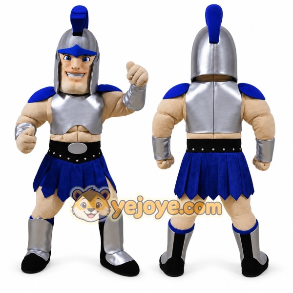 Blue Roman Warrior Mascot Costume with Custom Logo