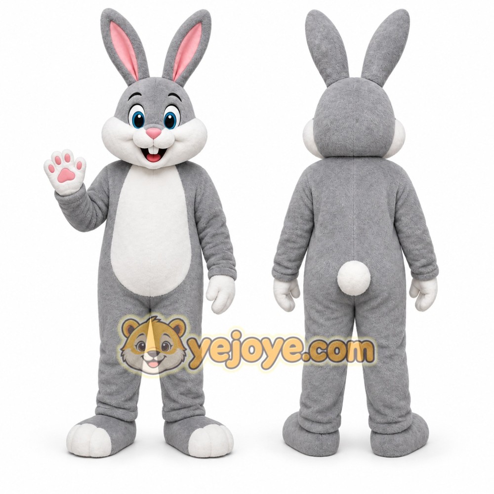Gray Rabbit Mascot Costume with Custom Logo