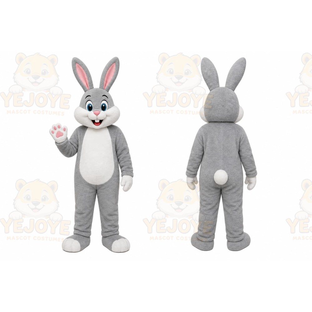 Gray Rabbit Mascot Costume with Custom Logo