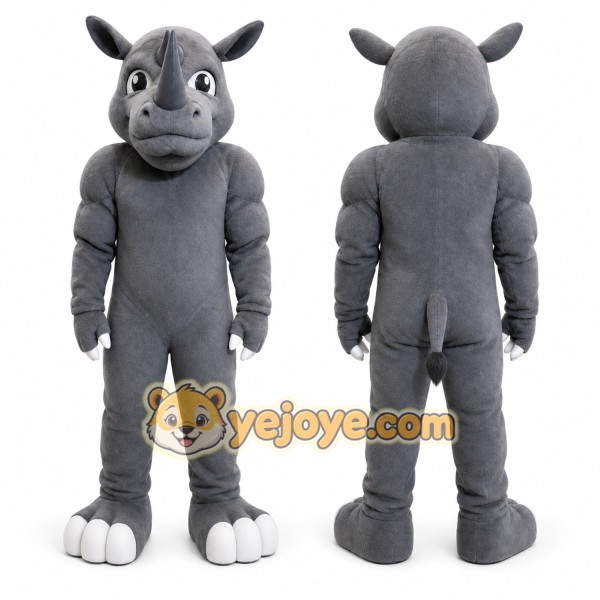 Gray Rhinoceros Mascot Costume with Custom Logo