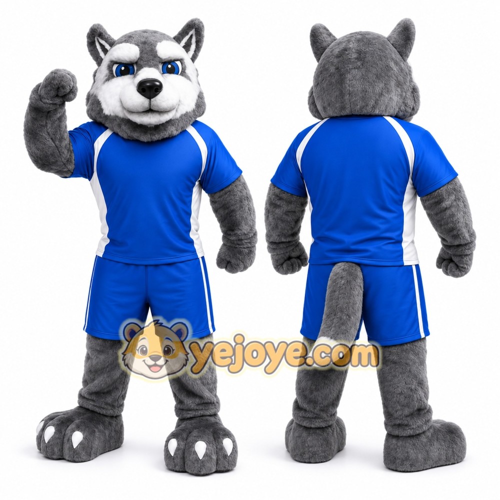 Gray Wolf Mascot Costume with Custom Logo