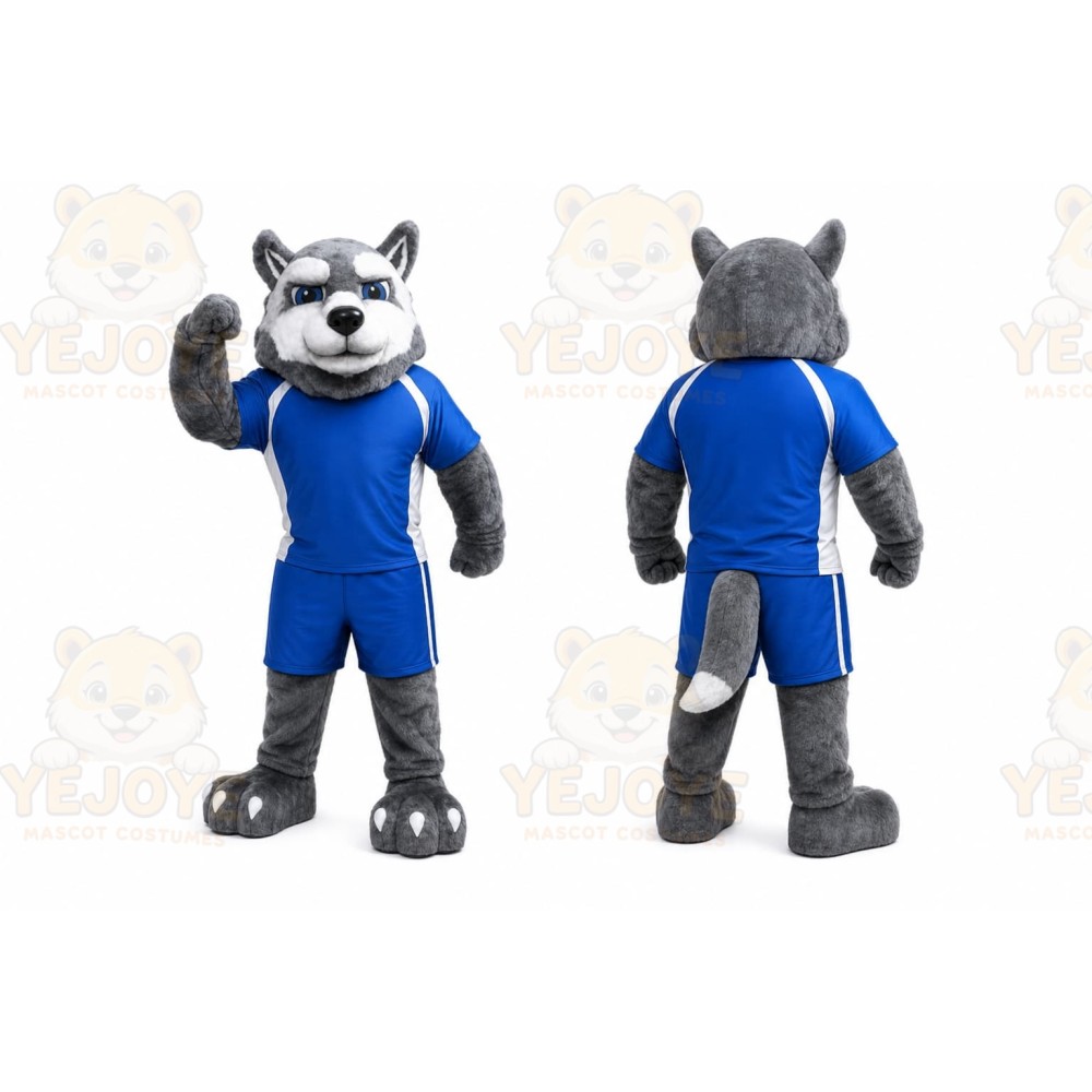 Gray Wolf Mascot Costume with Custom Logo
