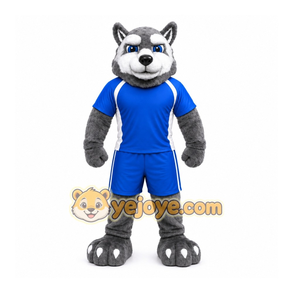Gray Wolf Mascot Costume with Custom Logo