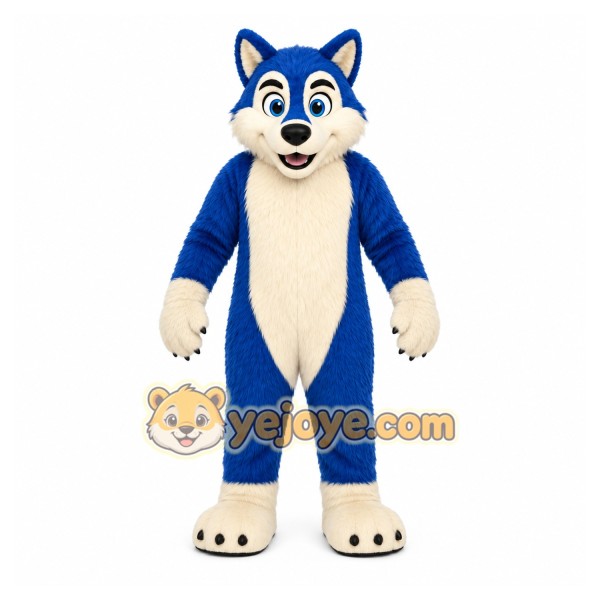 Blue Wolf Mascot Costume with Custom Logo