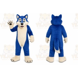 Blue Wolf Mascot Costume with Custom Logo