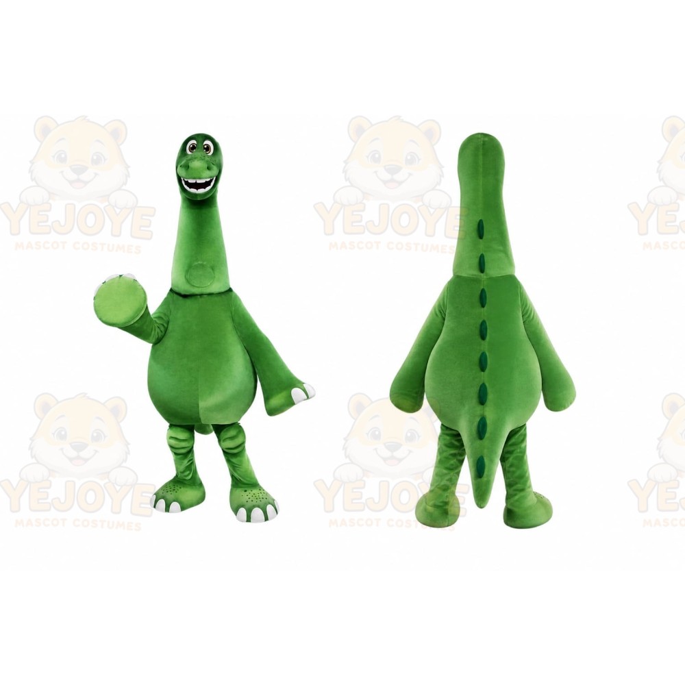 Green Dinosaur Mascot Costume with Custom Logo
