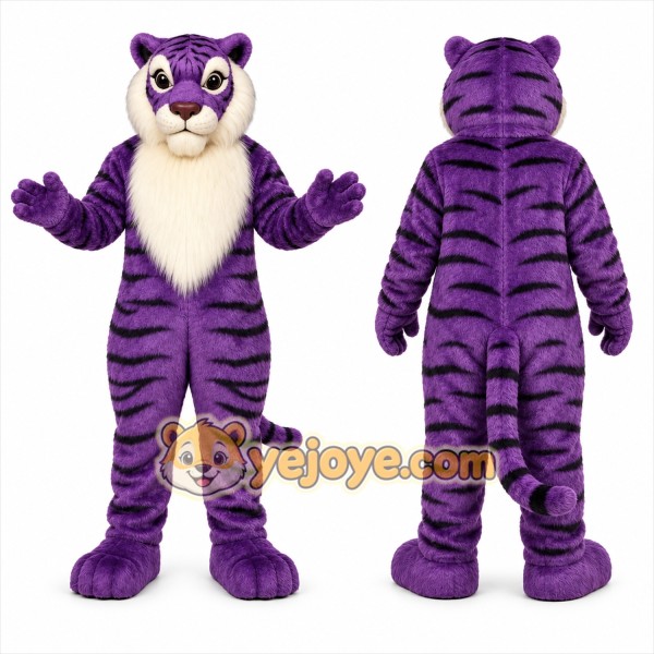 Purple Tiger Mascot Costume with Custom Logo