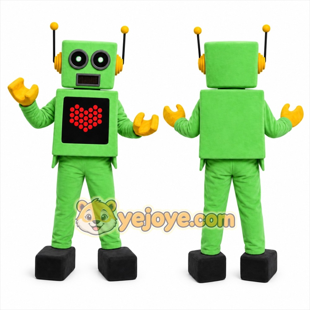 Green Robot Mascot Costume with Custom Logo