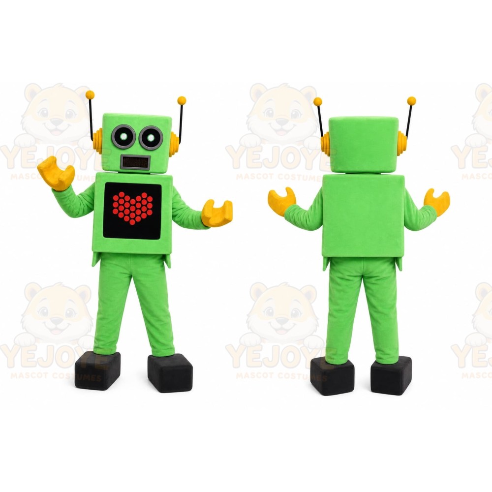 Green Robot Mascot Costume with Custom Logo