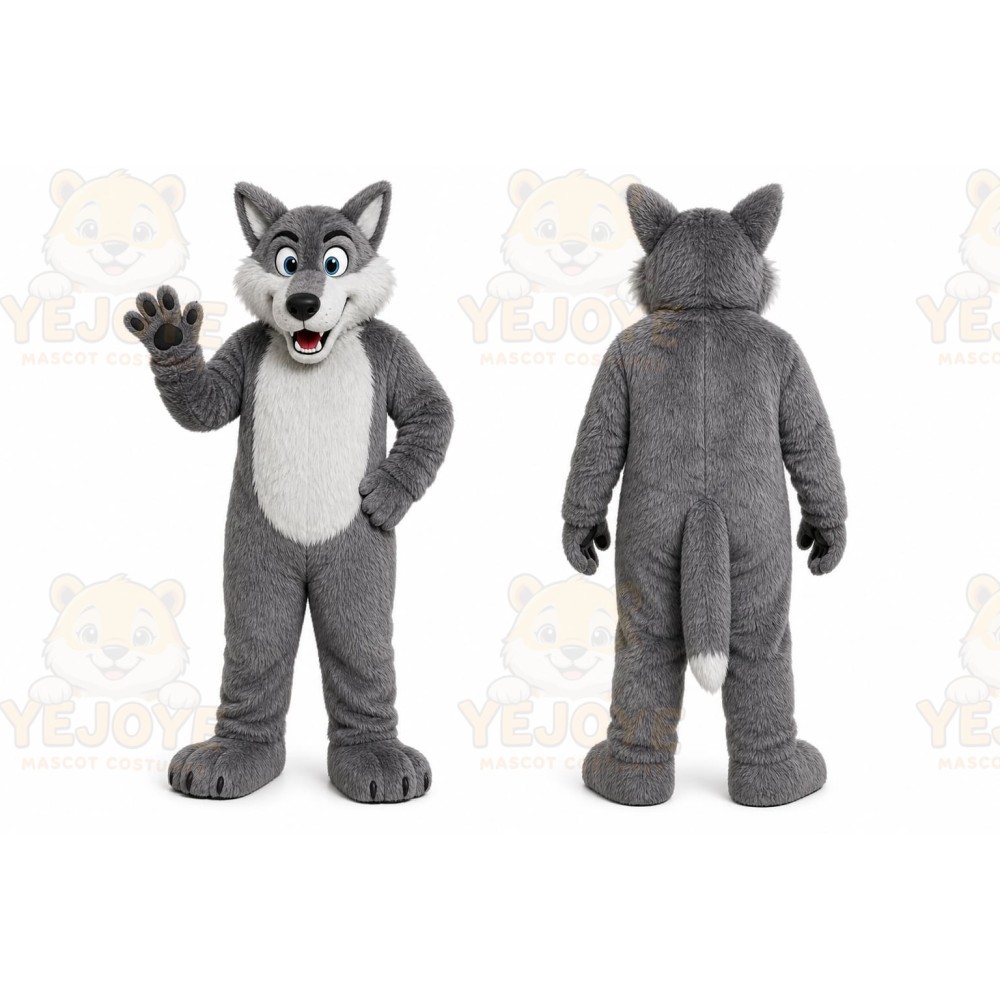 Gray Wolf Mascot Costume with Custom Logo
