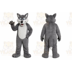 Gray Wolf Mascot Costume with Custom Logo