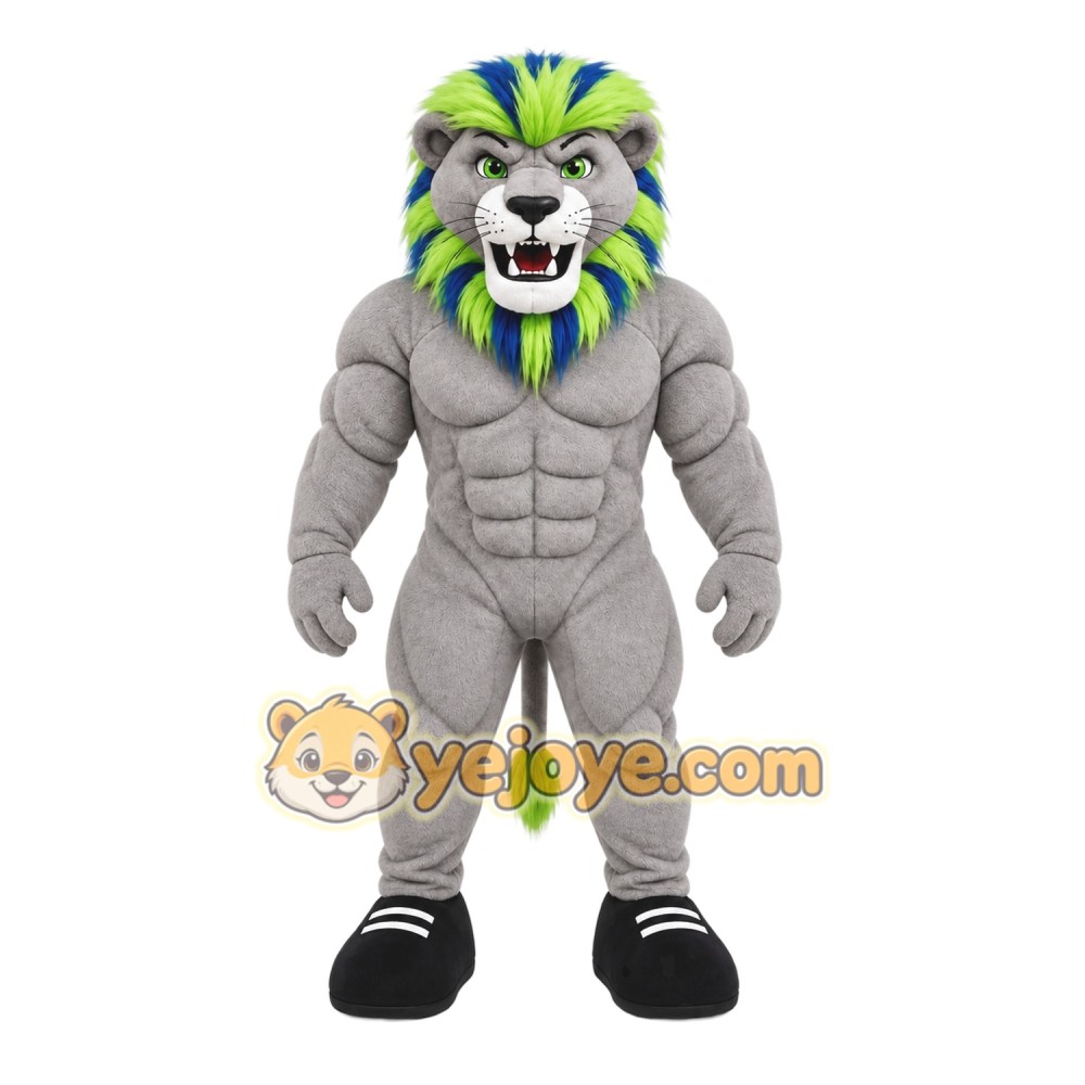 Gray Lion Mascot Costume with Custom Logo