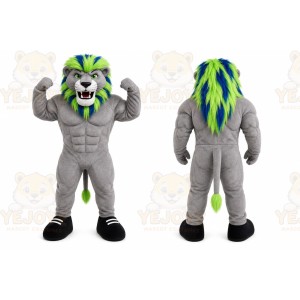 Gray Lion Mascot Costume with Custom Logo