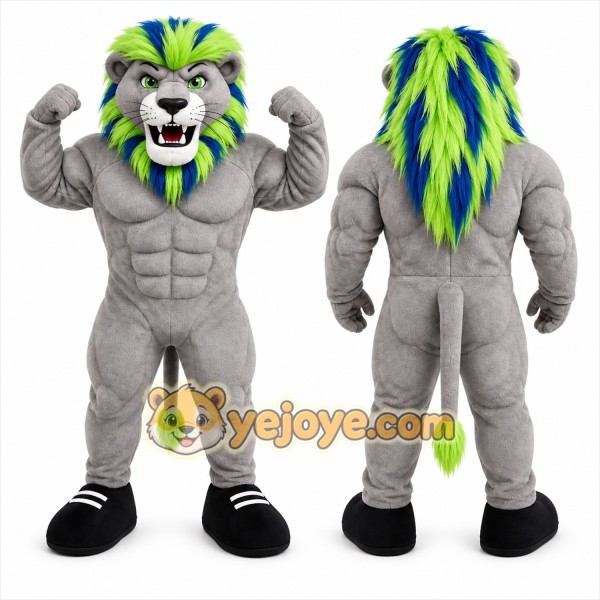 Gray Lion Mascot Costume with Custom Logo