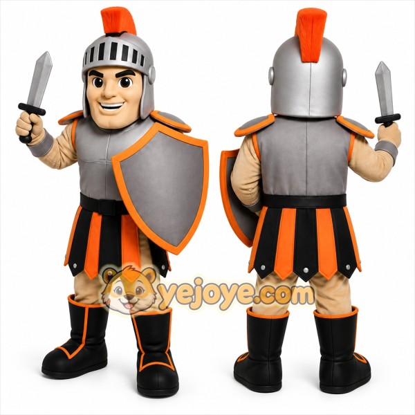 Gray Roman Warrior Mascot Costume with Custom Logo