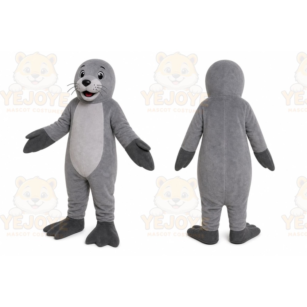 Gray Seal Mascot Costume with Custom Logo