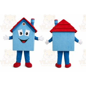 Blue House Mascot Costume with Custom Logo