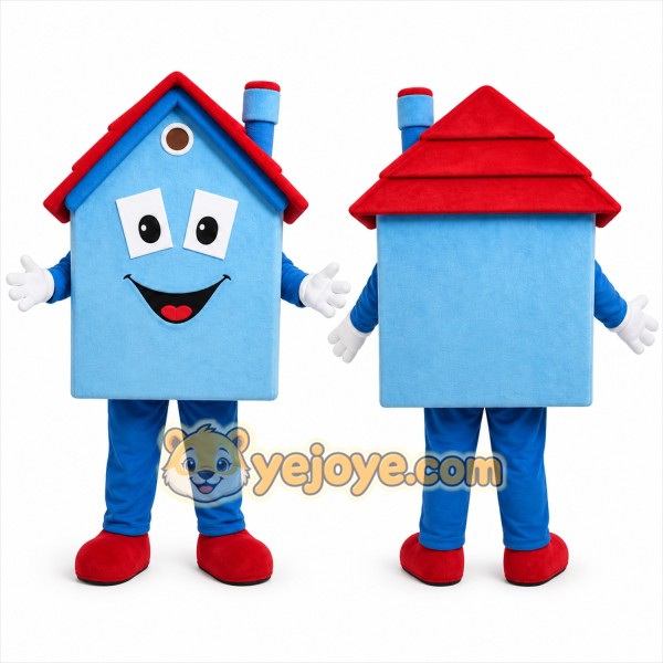 Blue House Mascot Costume with Custom Logo