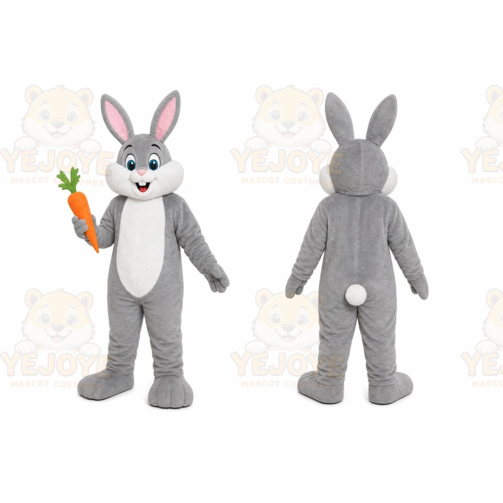 Gray Rabbit Mascot Costume with Custom Logo