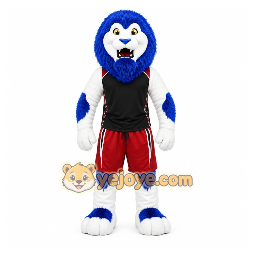 Blue Lion Mascot Costume with Custom Logo