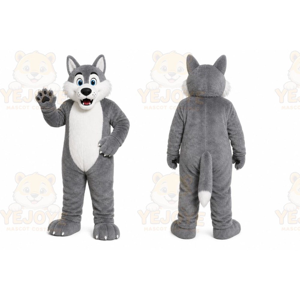 Gray Wolf Mascot Costume with Custom Logo