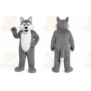Gray Wolf Mascot Costume with Custom Logo
