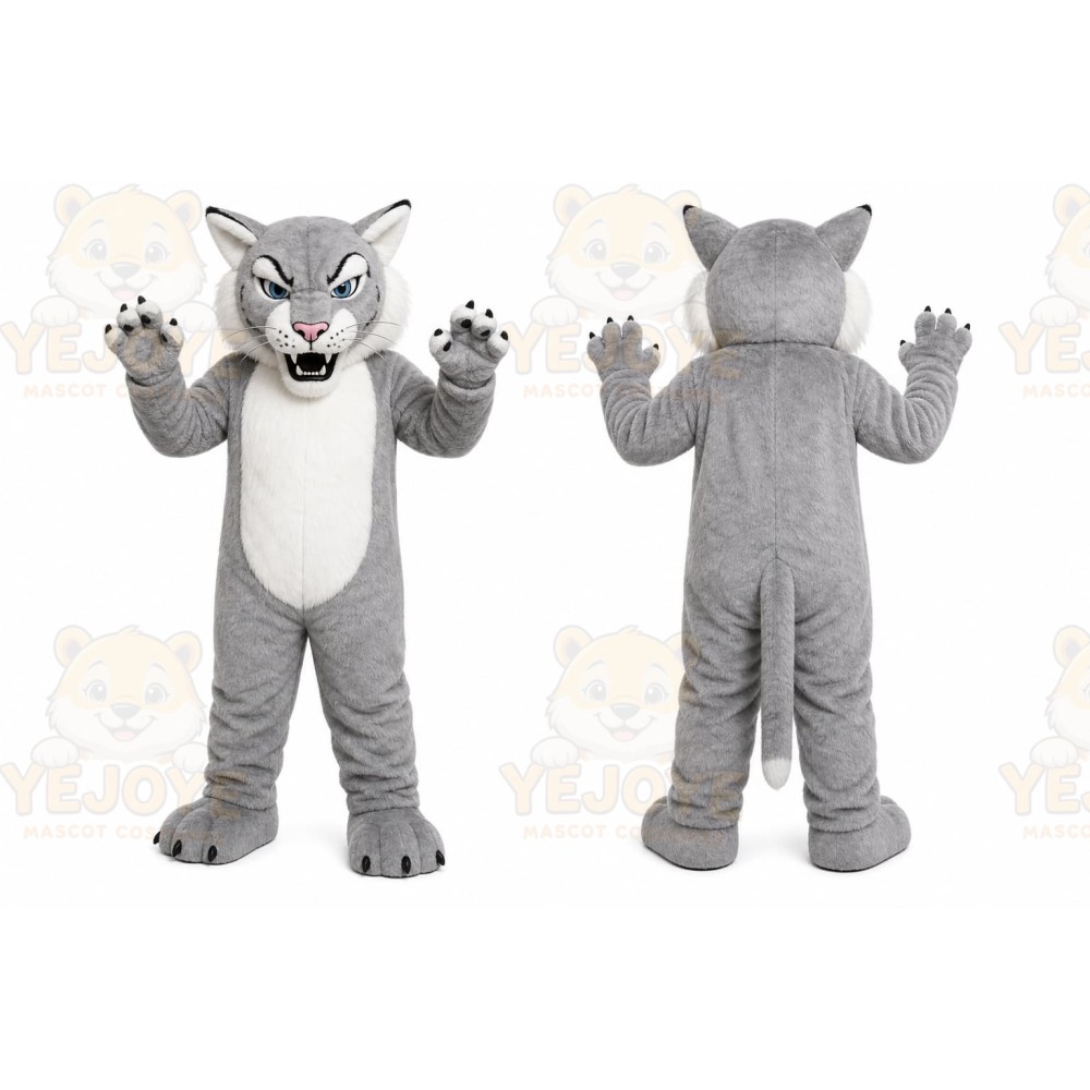 Gray Cougar Mascot Costume with Custom Logo