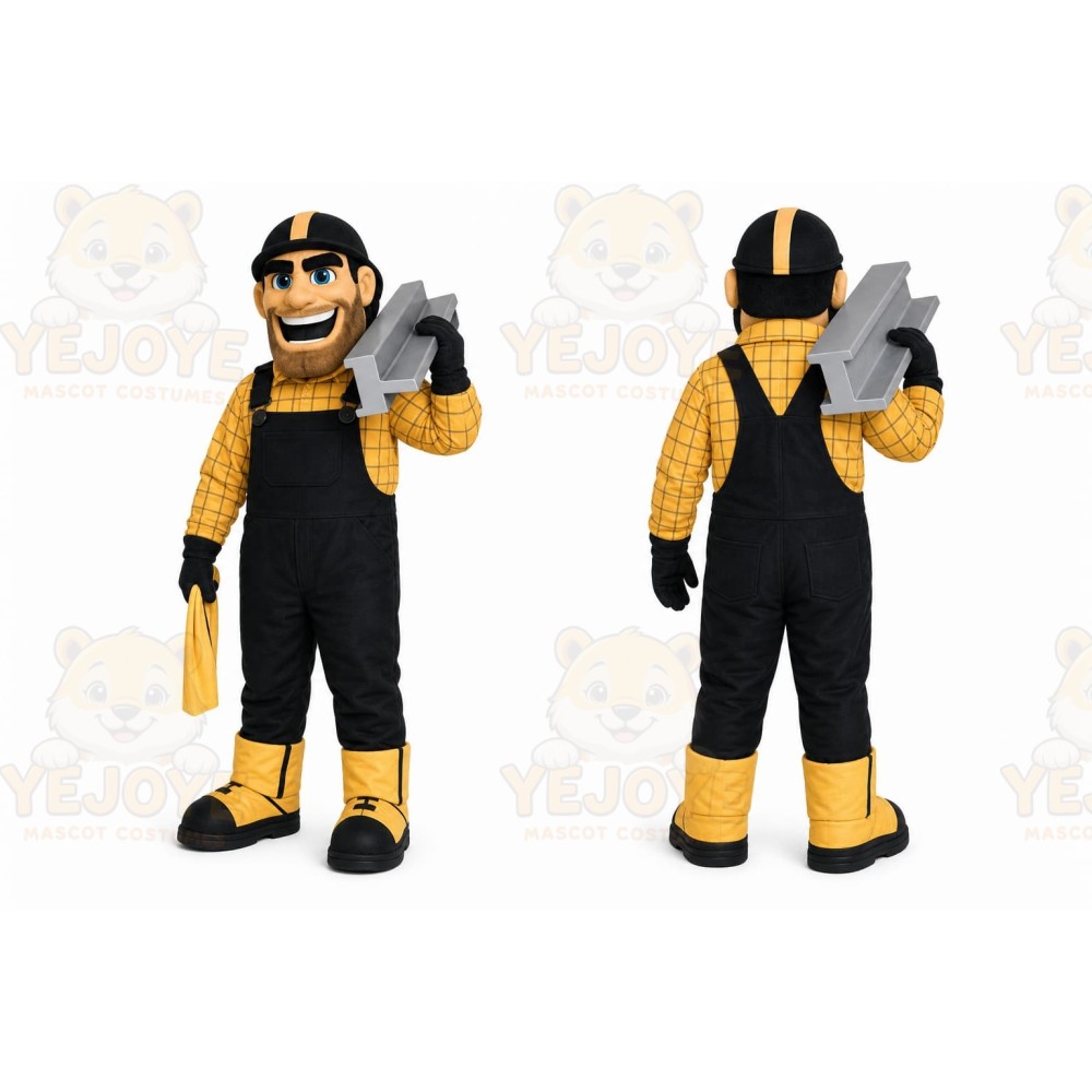 Yellow Worker Mascot Costume with Custom Logo