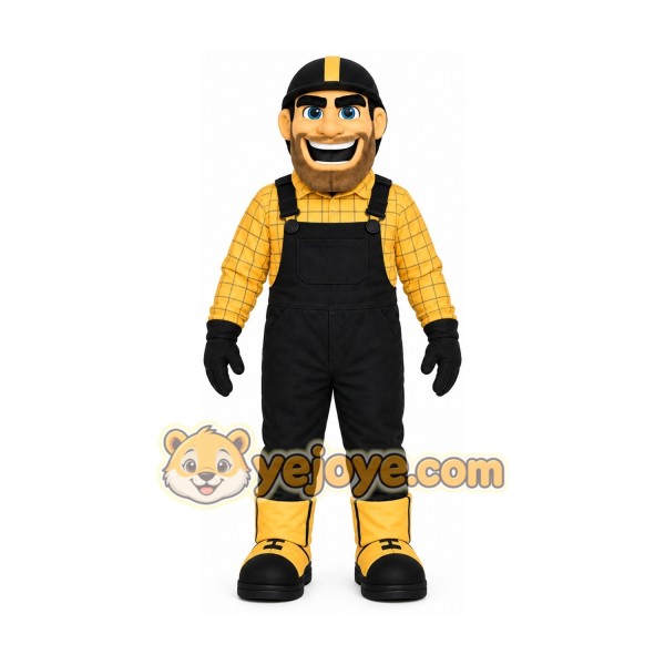 Yellow Worker Mascot Costume with Custom Logo