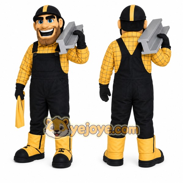 Yellow Worker Mascot Costume with Custom Logo