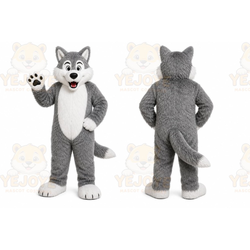 Gray Wolf Mascot Costume with Custom Logo