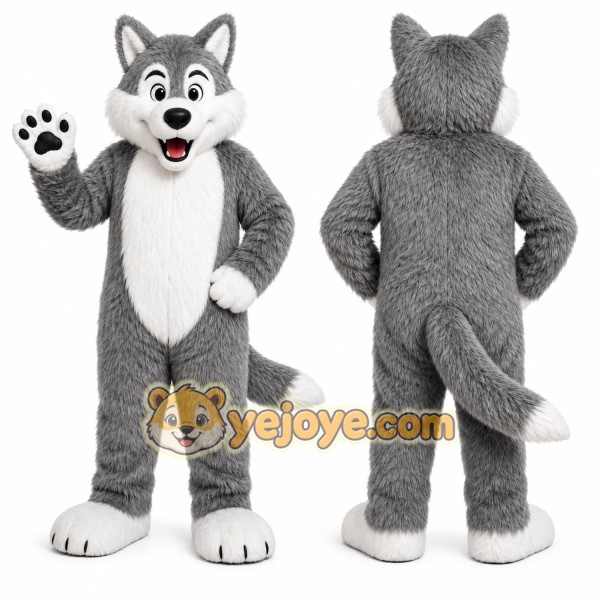 Gray Wolf Mascot Costume with Custom Logo