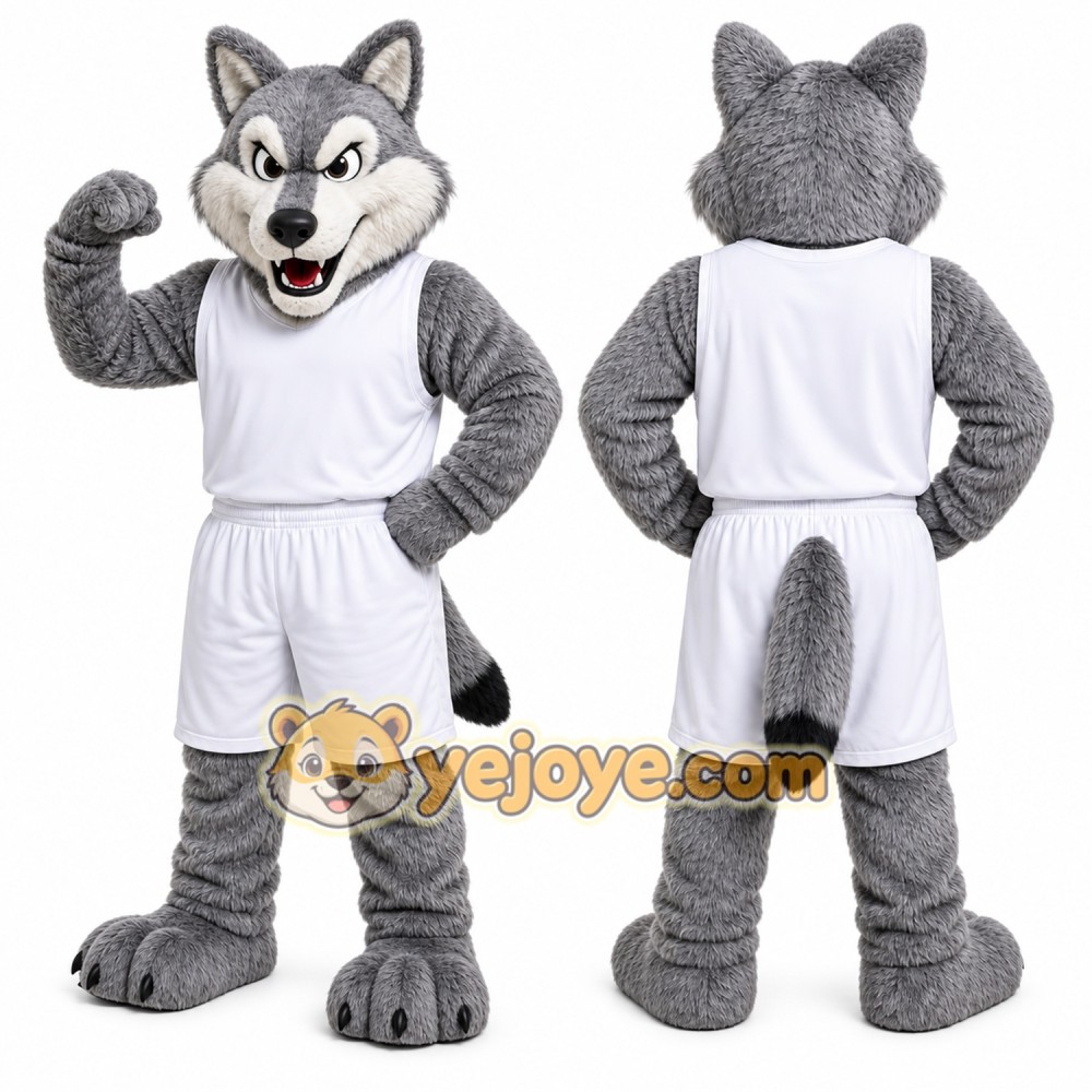 Gray Wolf Mascot Costume with Custom Logo