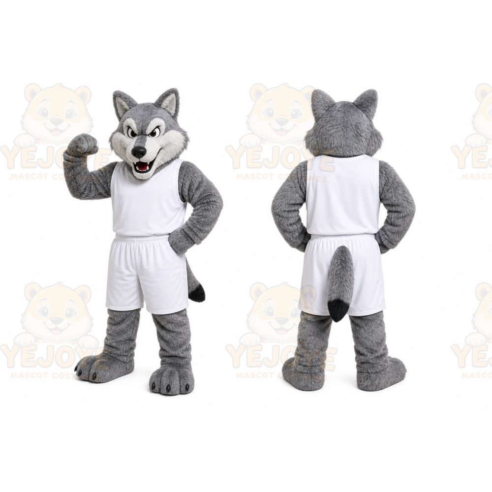 Gray Wolf Mascot Costume with Custom Logo