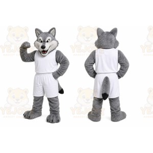 Gray Wolf Mascot Costume with Custom Logo