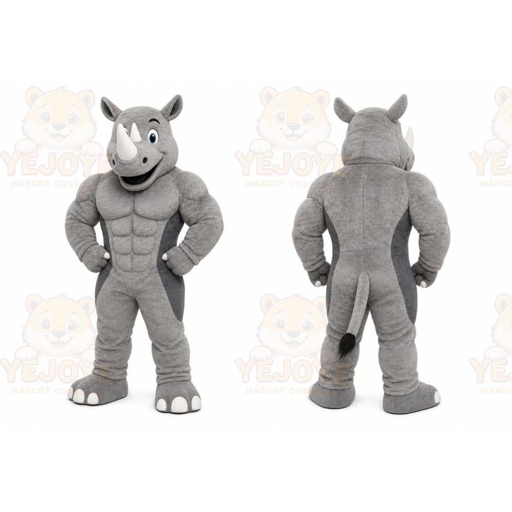 Gray Rhino Mascot Costume with Custom Logo