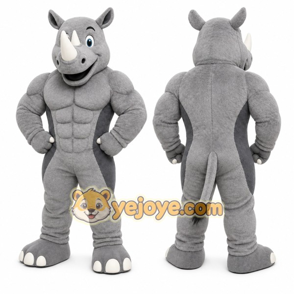 Gray Rhino Mascot Costume with Custom Logo