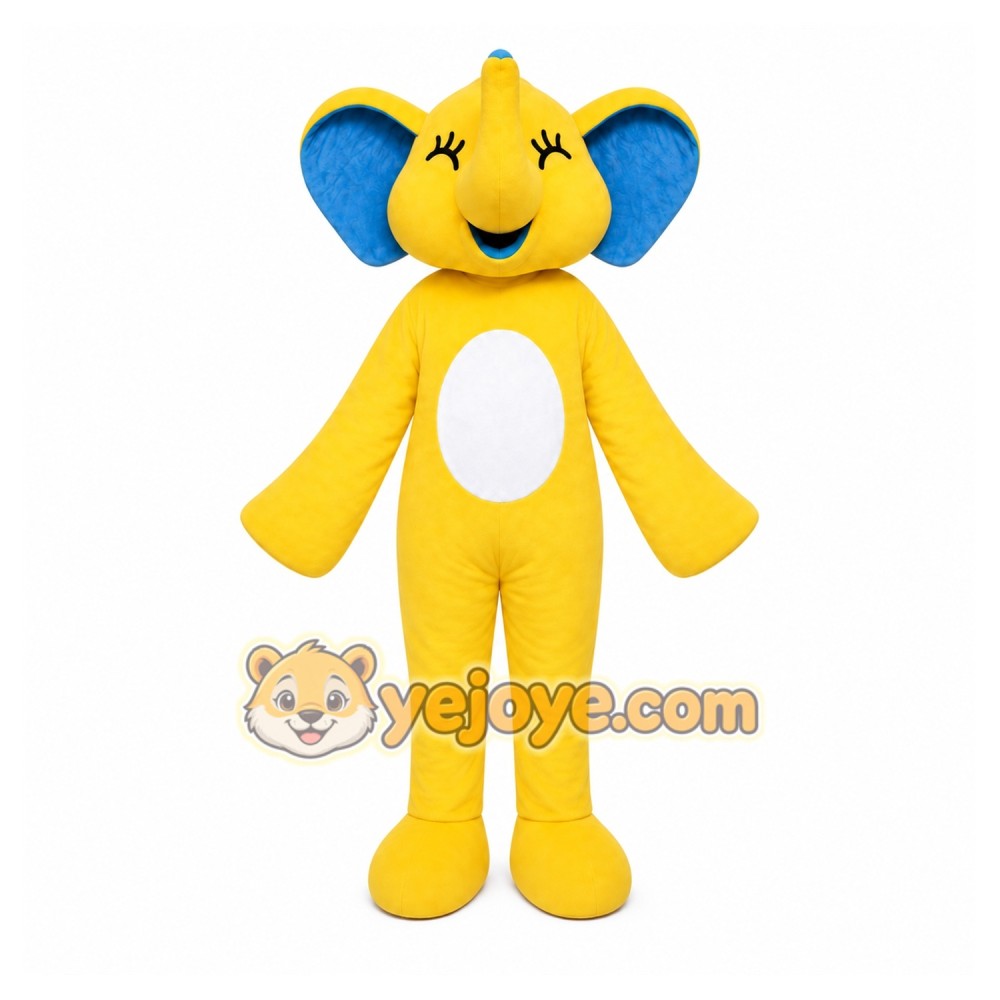 Yellow Elephant Mascot Costume with Custom Logo