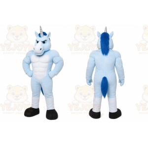 Blue Unicorn Mascot Costume with Custom Logo