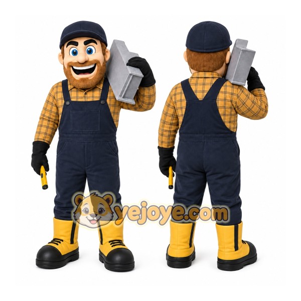 Yellow Construction Worker Mascot Costume with Custom Logo