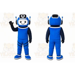Blue Robot Mascot Costume with Custom Logo