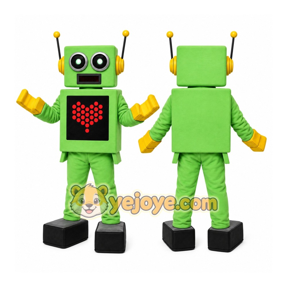 Green Robot Mascot Costume with Custom Logo