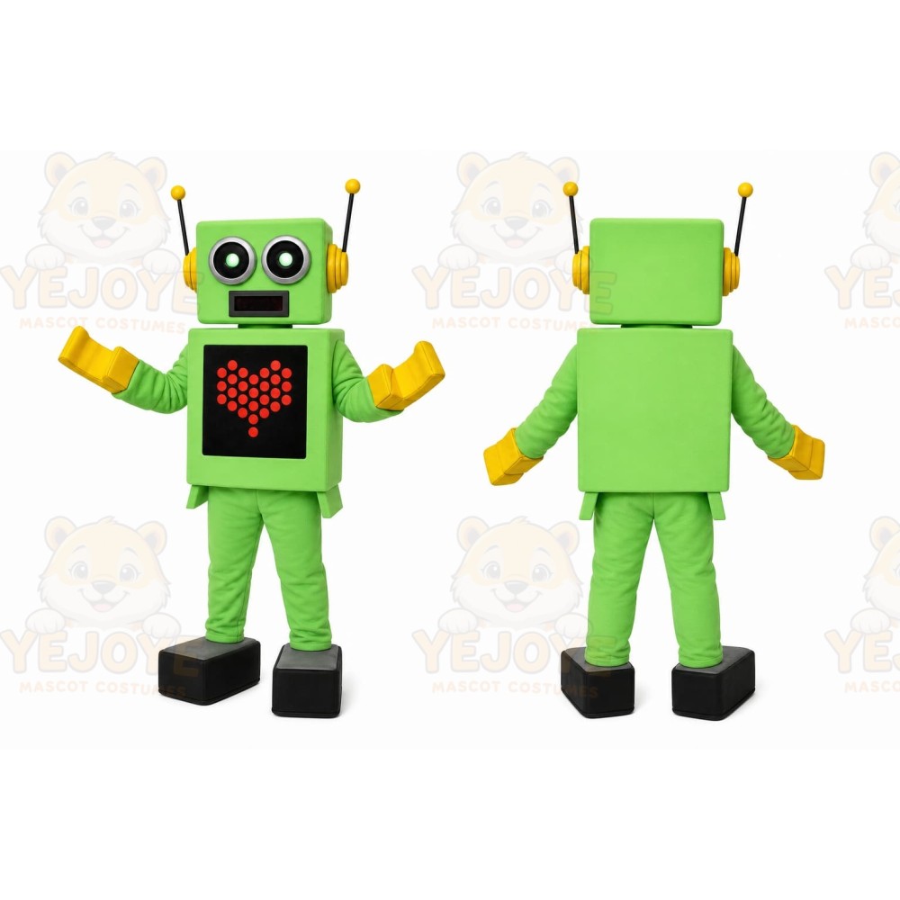 Green Robot Mascot Costume with Custom Logo