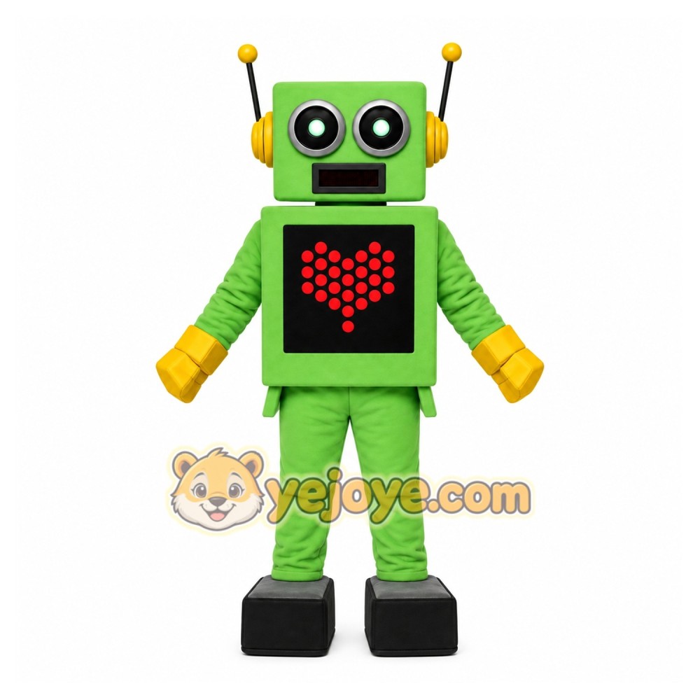 Green Robot Mascot Costume with Custom Logo