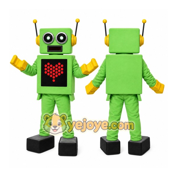 Green Robot Mascot Costume with Custom Logo