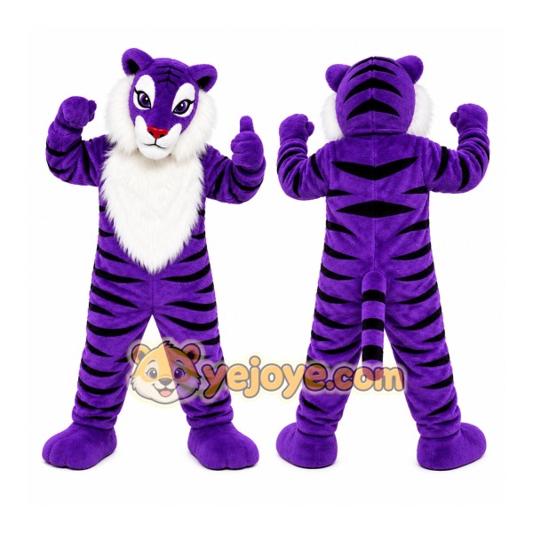 Purple Tiger Mascot Costume with Custom Logo
