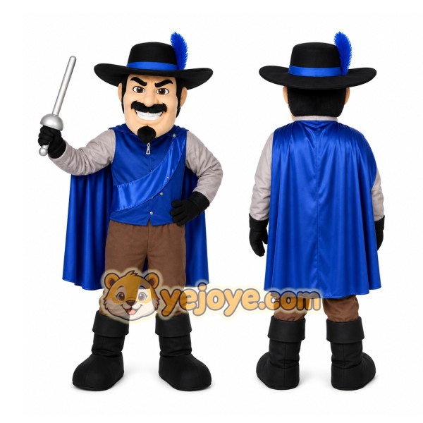 Blue Musketeer Mascot Costume with Custom Logo